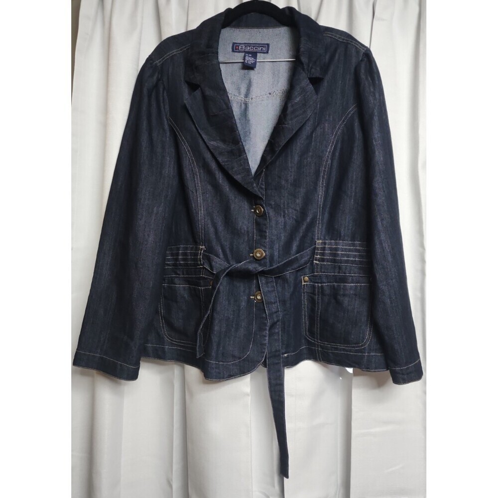 BACCINI PLUS SIZE 2X BELTED DENIM DRESS JACKET WIDE COLLAR/LAPEL  FLAP POCKETS